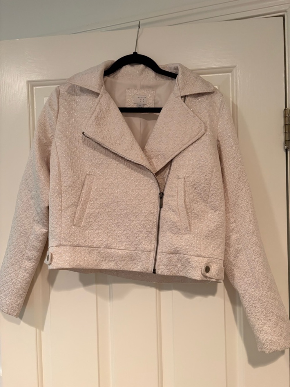 a new day Cream Textured Asymmetrical Moto Jacket